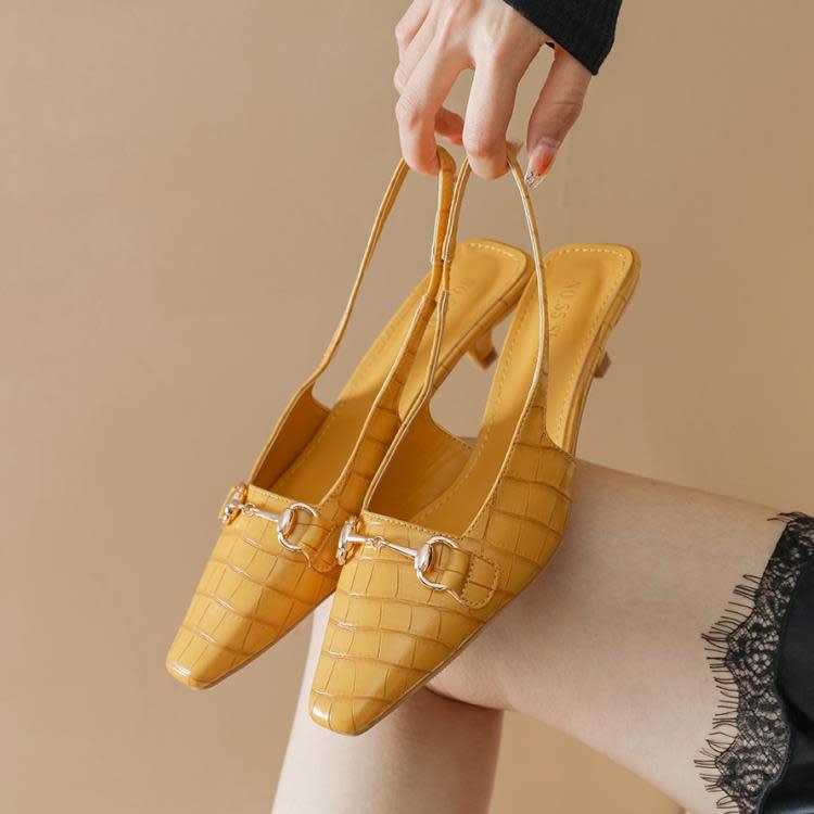 高跟鞋 8189-1歐美時尚方頭鞋淺口細跟金屬扣后空包頭石頭紋百搭涼鞋-細節圖4