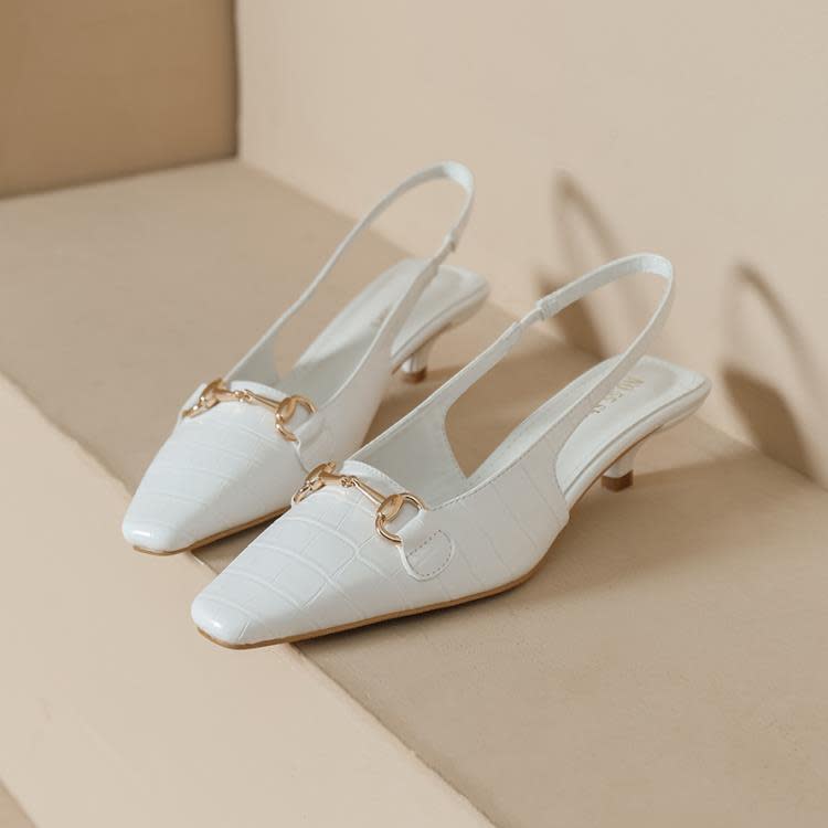 高跟鞋 8189-1歐美時尚方頭鞋淺口細跟金屬扣后空包頭石頭紋百搭涼鞋-細節圖6