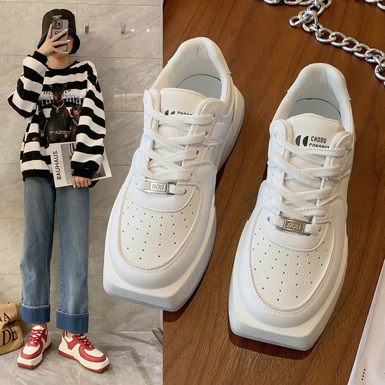 厚底鞋 方頭低幫圓方休閒板鞋女2023早春新款新品小眾不對稱運動鞋女-細節圖2
