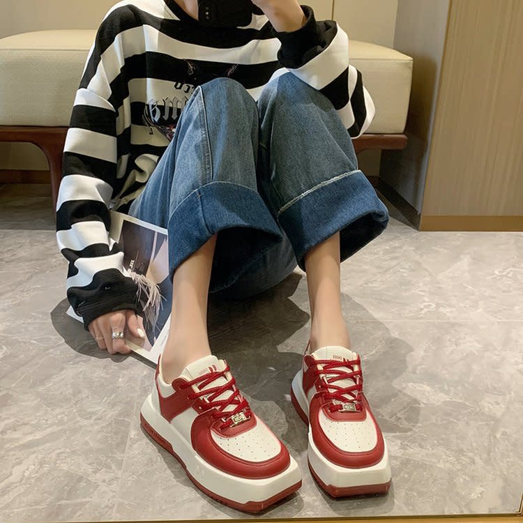 厚底鞋 方頭低幫圓方休閒板鞋女2023早春新款新品小眾不對稱運動鞋女-細節圖4