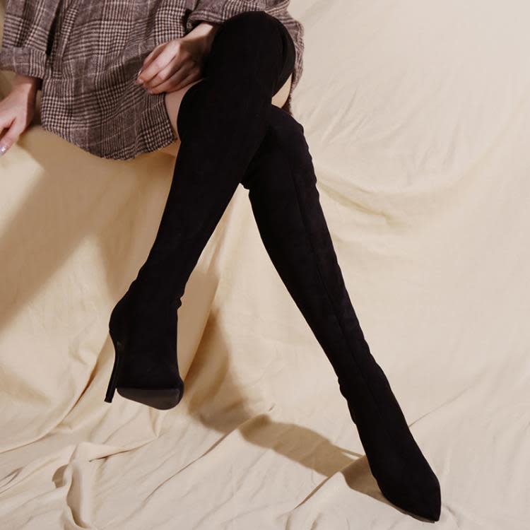 長靴 2023春秋新款絨面女細跟尖頭過膝超長彈力靴性感不掉筒松緊帶-細節圖2