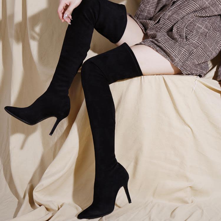 長靴 2023春秋新款絨面女細跟尖頭過膝超長彈力靴性感不掉筒松緊帶-細節圖3