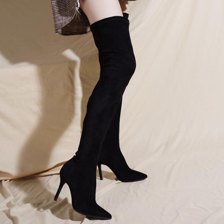 長靴 2023春秋新款絨面女細跟尖頭過膝超長彈力靴性感不掉筒松緊帶-細節圖4