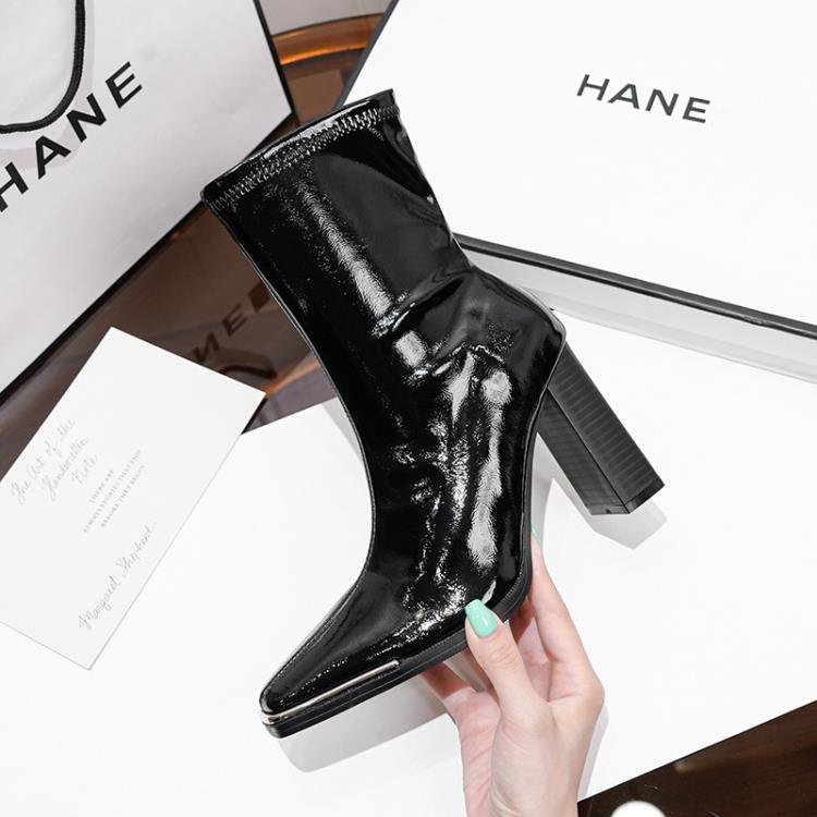 高跟鞋 肯豆2023冬季鐵頭粗跟馬丁靴漆皮黑色方頭長筒機車性感長靴女-細節圖3