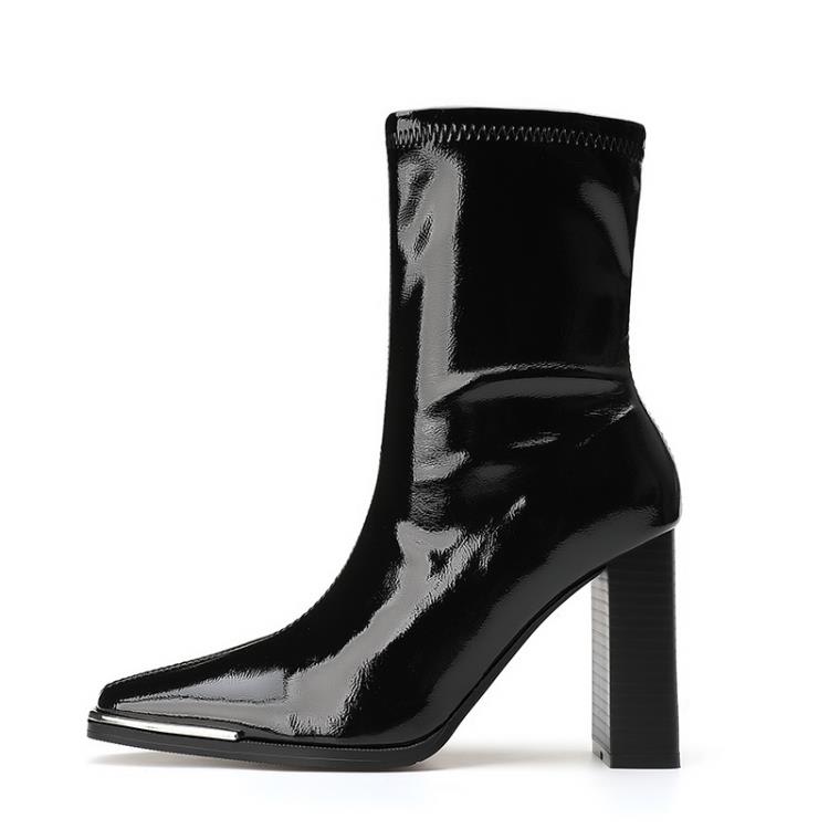 高跟鞋 肯豆2023冬季鐵頭粗跟馬丁靴漆皮黑色方頭長筒機車性感長靴女-細節圖6