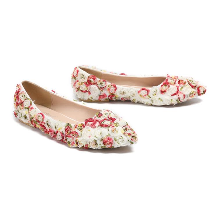 平底鞋 現貨2023彩色蕾絲尖頭鞋婚鞋伴娘花朵舒適鞋淺口晚宴鞋-細節圖3