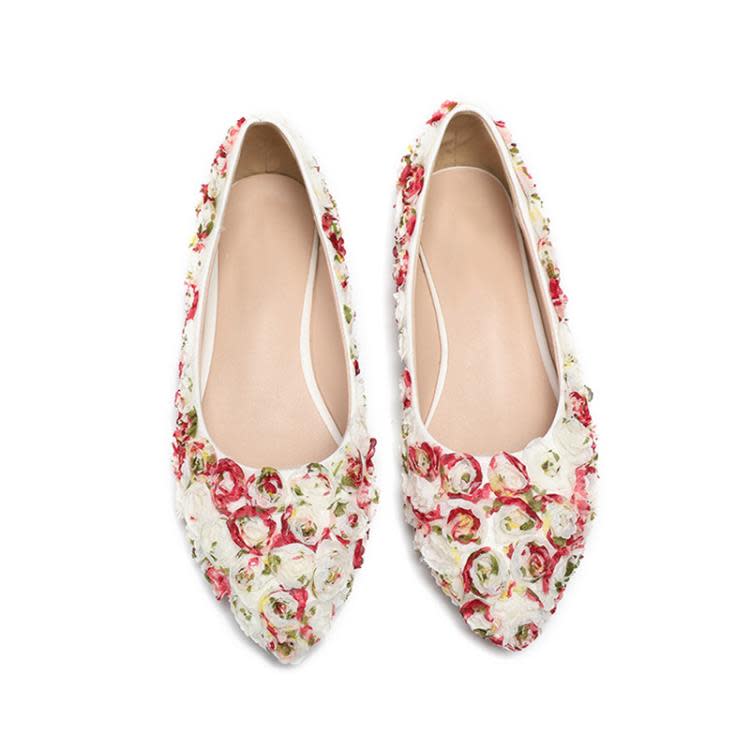 平底鞋 現貨2023彩色蕾絲尖頭鞋婚鞋伴娘花朵舒適鞋淺口晚宴鞋-細節圖5