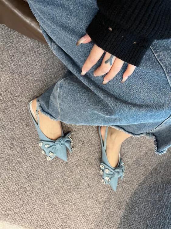 涼鞋 【Amano】仙女風水鉆蝴蝶結包頭后絆帶單鞋尖頭平底女-細節圖2