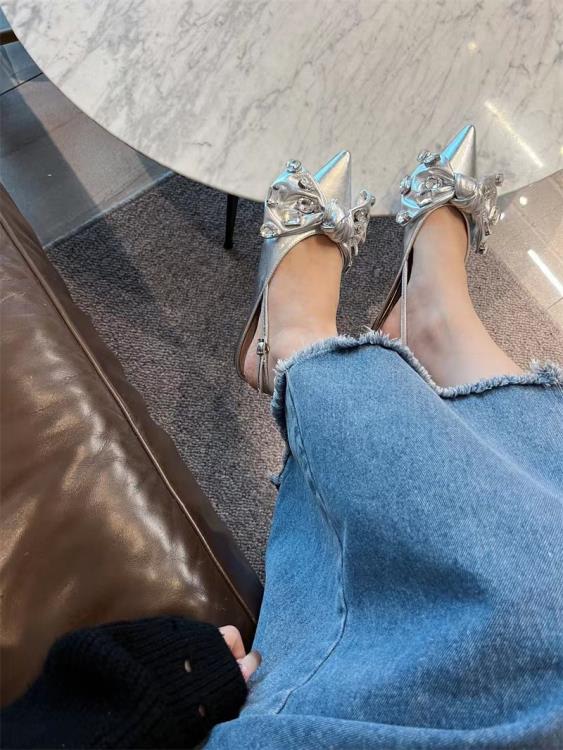 涼鞋 【Amano】仙女風水鉆蝴蝶結包頭后絆帶單鞋尖頭平底女-細節圖3