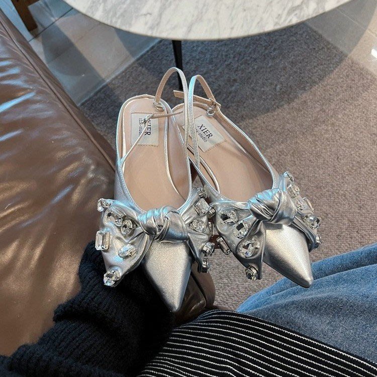 涼鞋 【Amano】仙女風水鉆蝴蝶結包頭后絆帶單鞋尖頭平底女-細節圖5