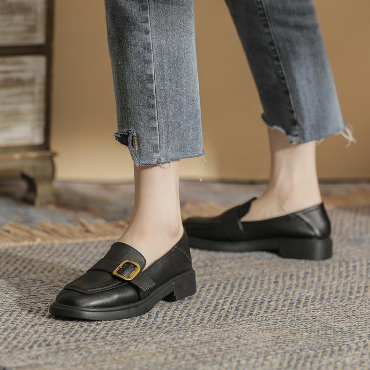 百搭方頭真皮女鞋2023直播爆款鞋子女秋季配裙學院風一腳蹬懶人鞋-細節圖4