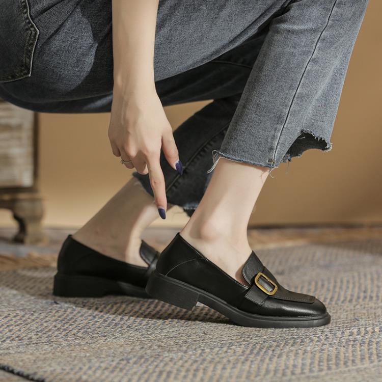 百搭方頭真皮女鞋2023直播爆款鞋子女秋季配裙學院風一腳蹬懶人鞋-細節圖6