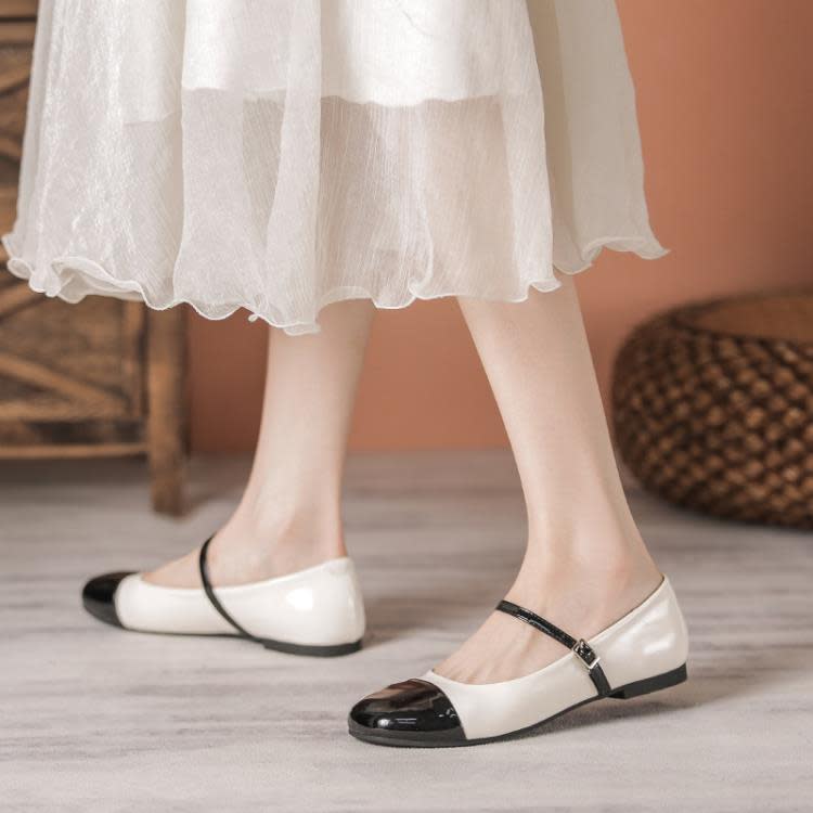 小皮鞋女2023春夏新品一腳蹬淺口瑪麗珍鞋學院風女生外穿拼色單鞋-細節圖2