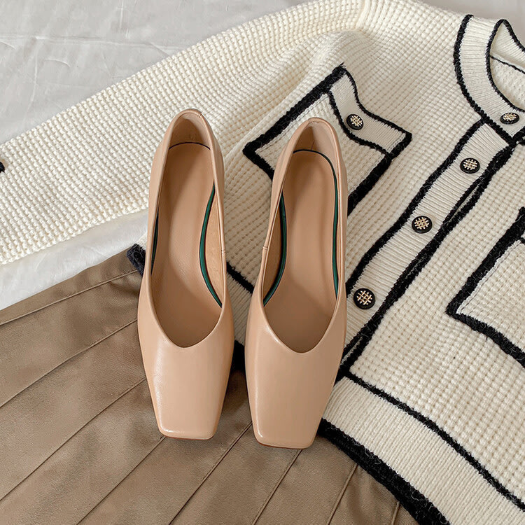 樂福鞋 2023秋季羊皮方頭低跟瑪麗珍單鞋女小香正韓高跟鞋鞋-細節圖2