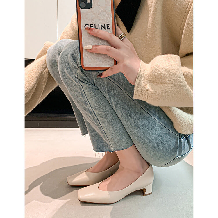 樂福鞋 2023秋季羊皮方頭低跟瑪麗珍單鞋女小香正韓高跟鞋鞋-細節圖4