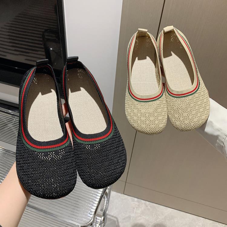 平底鞋 布面單鞋女2023春夏新款軟底方頭淺口透氣一腳蹬針織奶奶鞋子-細節圖2