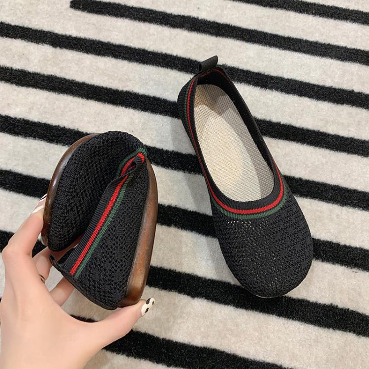 平底鞋 布面單鞋女2023春夏新款軟底方頭淺口透氣一腳蹬針織奶奶鞋子-細節圖3