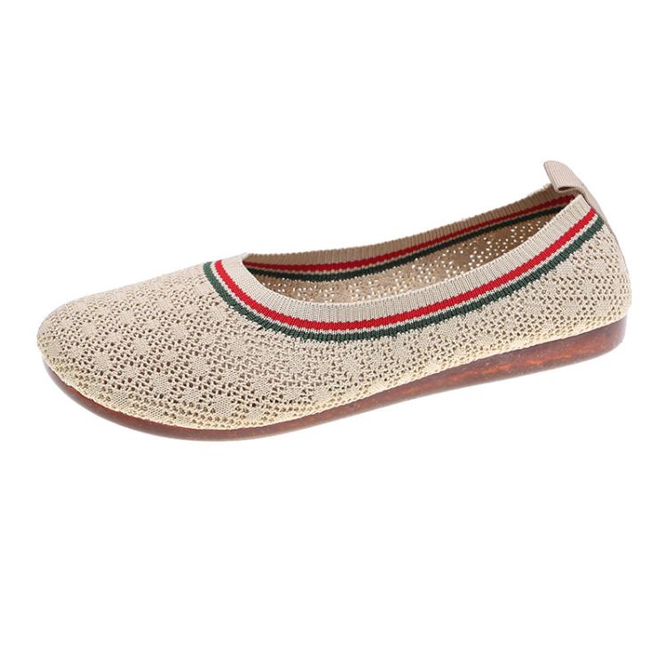 平底鞋 布面單鞋女2023春夏新款軟底方頭淺口透氣一腳蹬針織奶奶鞋子-細節圖5