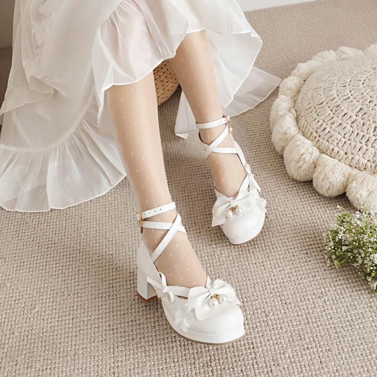 中跟鞋 2023洛麗塔公主女鞋珍珠蝴蝶結花邊新款春秋鞋粗跟防水臺單鞋-細節圖3
