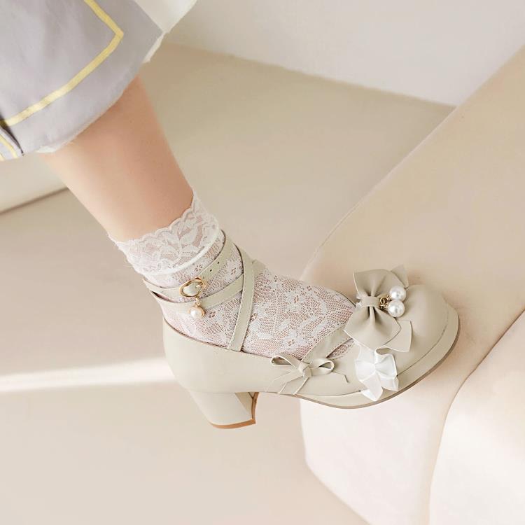 中跟鞋 2023洛麗塔公主女鞋珍珠蝴蝶結花邊新款春秋鞋粗跟防水臺單鞋-細節圖4