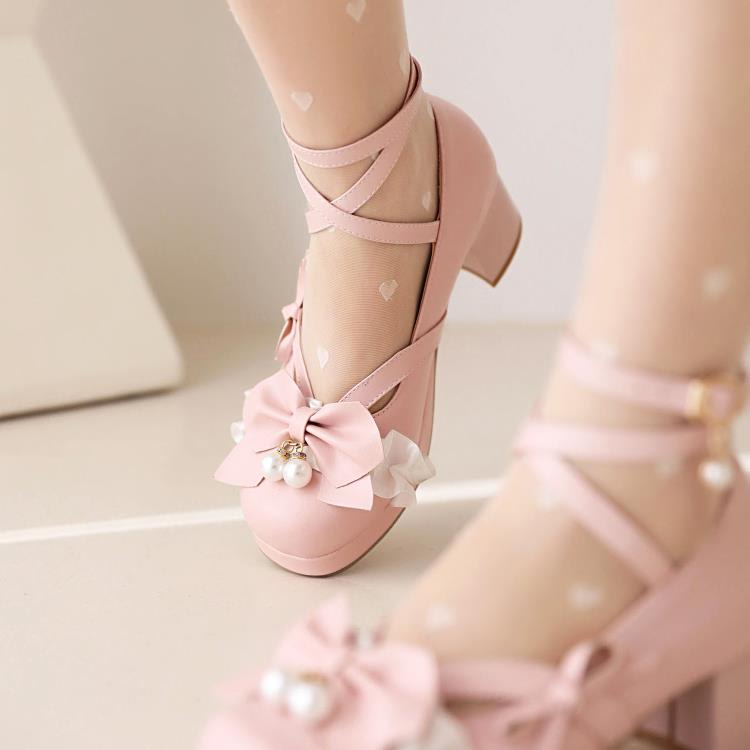 中跟鞋 2023洛麗塔公主女鞋珍珠蝴蝶結花邊新款春秋鞋粗跟防水臺單鞋-細節圖5