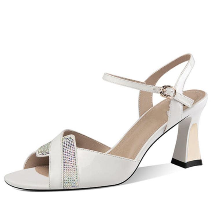 高跟鞋 時尚粗跟涼鞋女2023年夏季新款一字帶女士露趾水鉆久站不累鞋-細節圖5