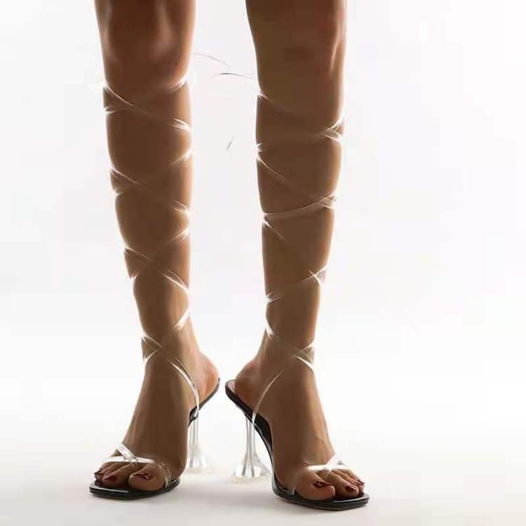 高跟鞋 細跟橡膠超露趾系帶PU羅馬鞋大碼女鞋綁帶系帶夾趾細跟女-細節圖5