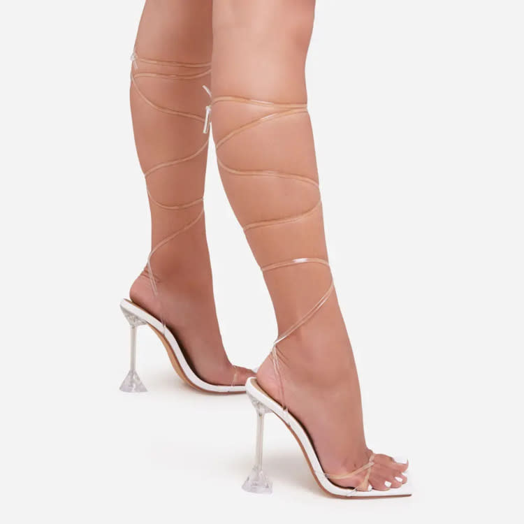 高跟鞋 細跟橡膠超露趾系帶PU羅馬鞋大碼女鞋綁帶系帶夾趾細跟女-細節圖7