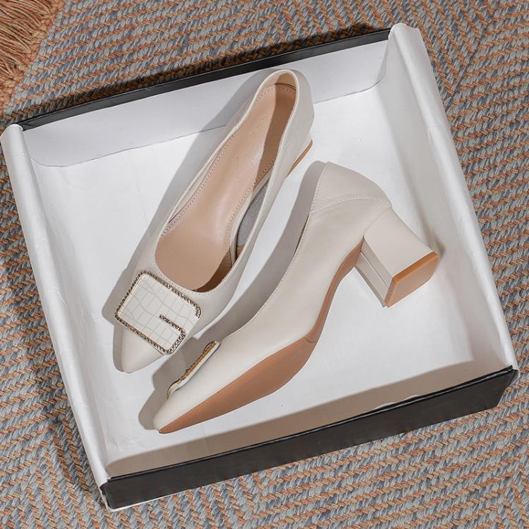 高跟鞋 尖頭單鞋女2023新款粗跟真皮鞋春秋款久站不累腳工作鞋上班鞋-細節圖3