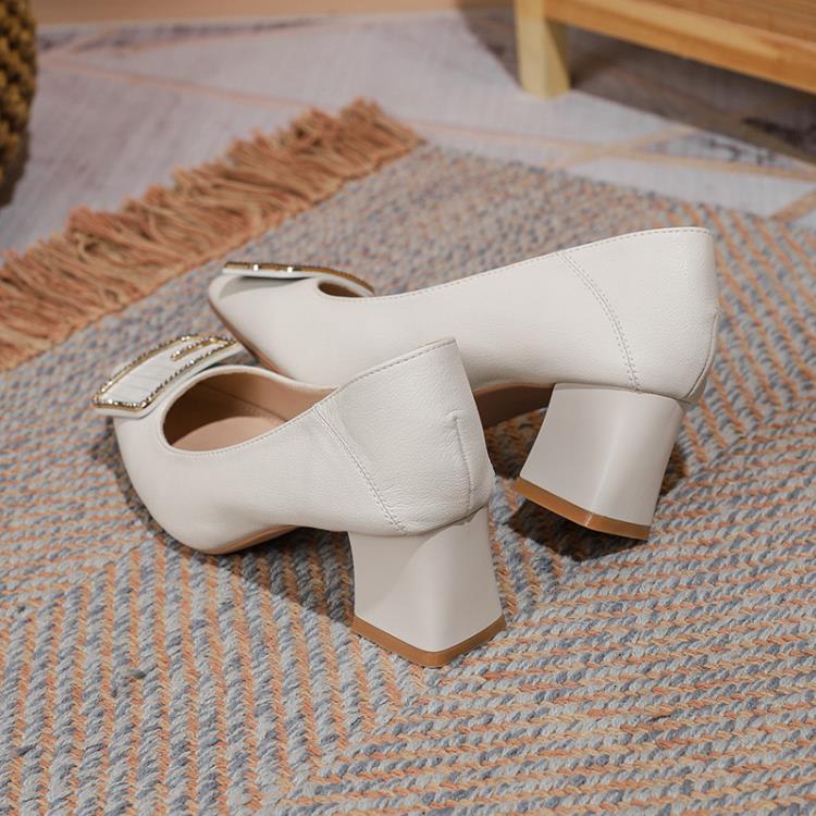 高跟鞋 尖頭單鞋女2023新款粗跟真皮鞋春秋款久站不累腳工作鞋上班鞋-細節圖4