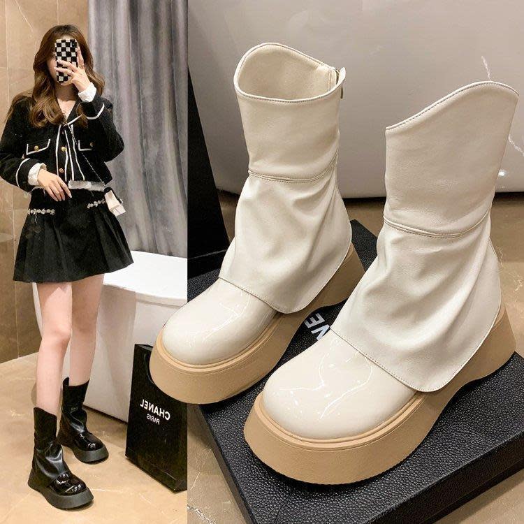 娃娃鞋 歐洲站松糕厚底純色頭褲腿靴女2023秋季新款時尚百搭街拍潮靴-細節圖2