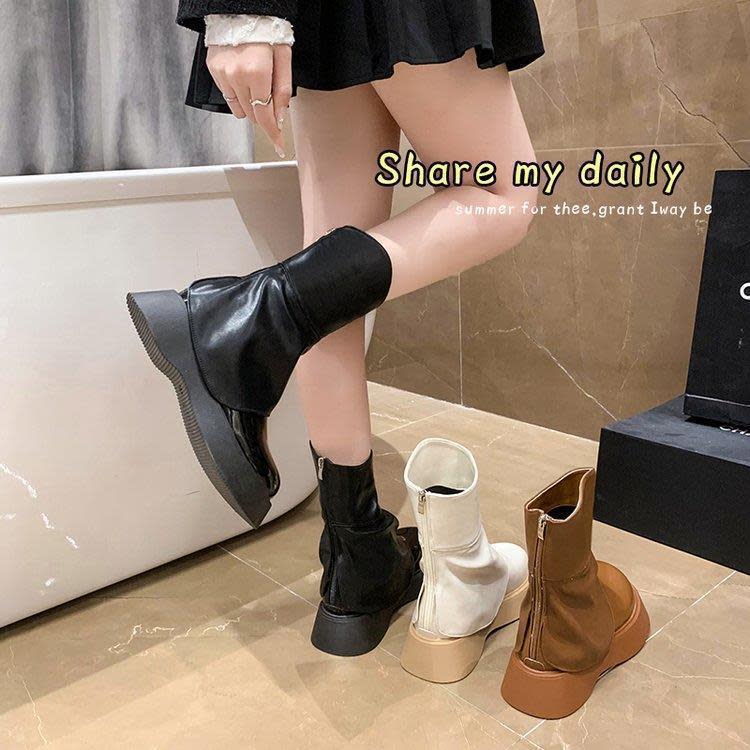 娃娃鞋 歐洲站松糕厚底純色頭褲腿靴女2023秋季新款時尚百搭街拍潮靴-細節圖3