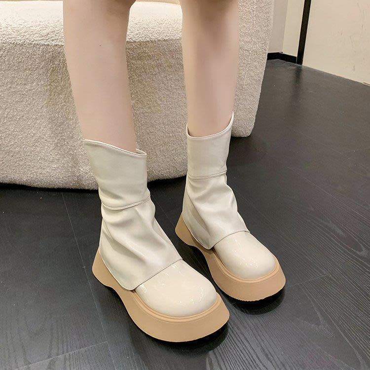 娃娃鞋 歐洲站松糕厚底純色頭褲腿靴女2023秋季新款時尚百搭街拍潮靴-細節圖4