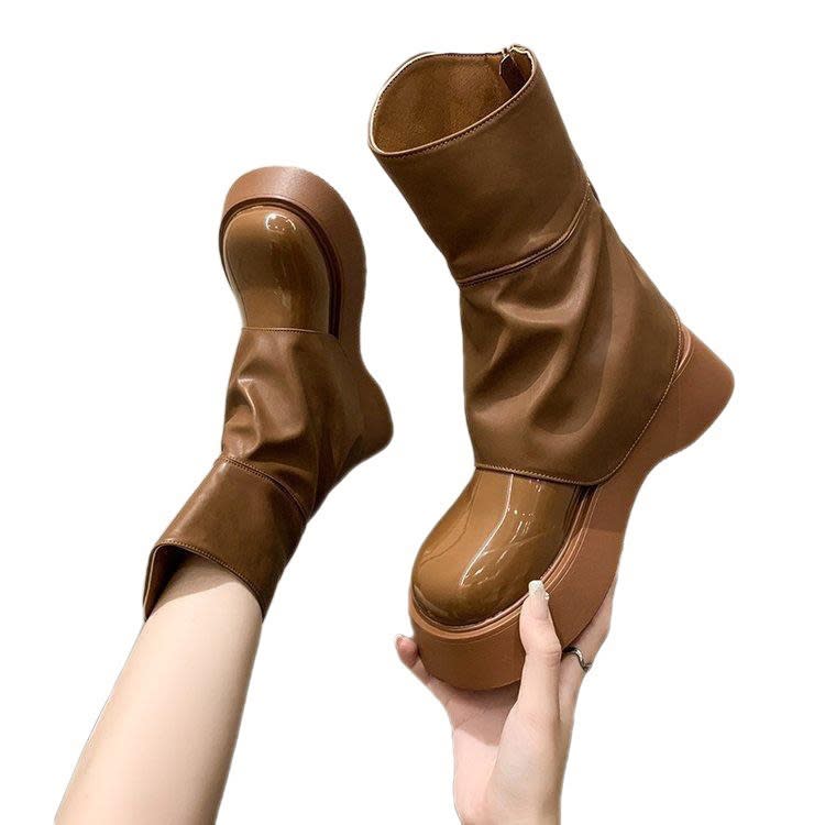 娃娃鞋 歐洲站松糕厚底純色頭褲腿靴女2023秋季新款時尚百搭街拍潮靴-細節圖5