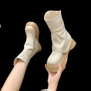 娃娃鞋 歐洲站松糕厚底純色頭褲腿靴女2023秋季新款時尚百搭街拍潮靴-細節圖8