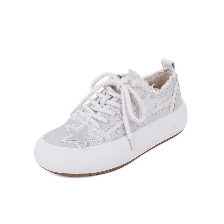 厚底鞋 ins時尚星星綢緞鞋女設計感小眾圓頭綁帶小白鞋毛邊增高板鞋-細節圖6