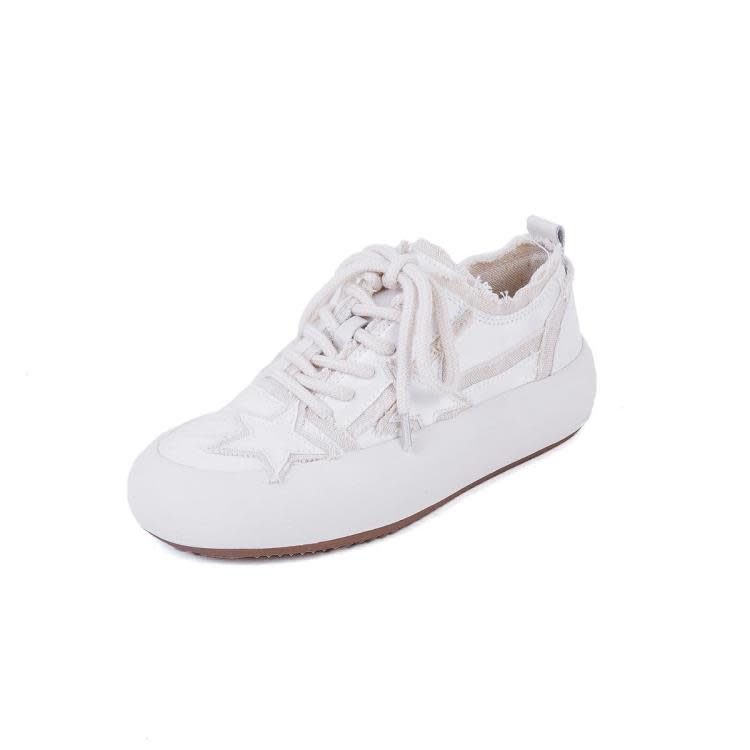 厚底鞋 ins時尚星星綢緞鞋女設計感小眾圓頭綁帶小白鞋毛邊增高板鞋-細節圖7