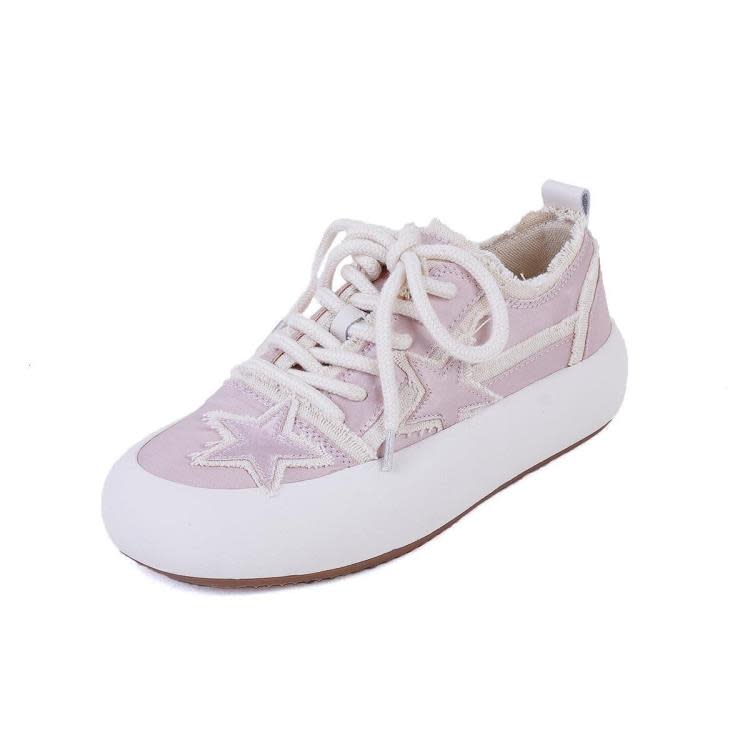 厚底鞋 ins時尚星星綢緞鞋女設計感小眾圓頭綁帶小白鞋毛邊增高板鞋-細節圖8