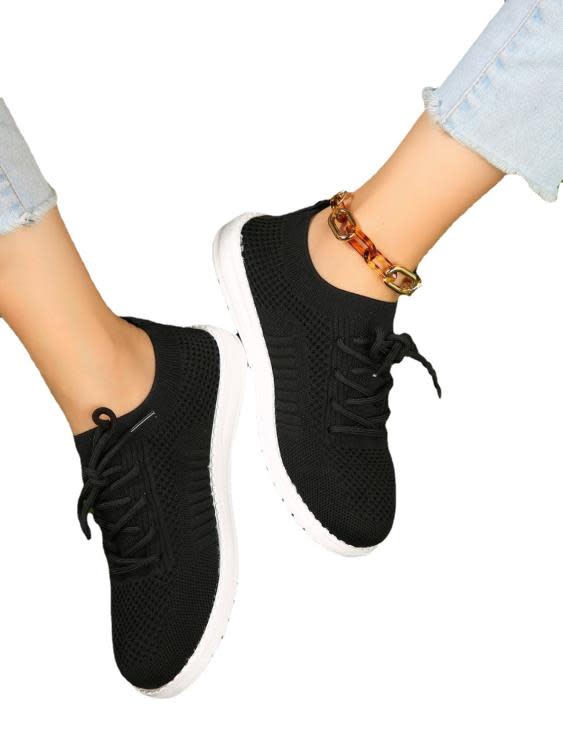 休閒鞋 大碼23春夏系帶運動網鞋舒適軟底飛織純色平跟女鞋-細節圖5