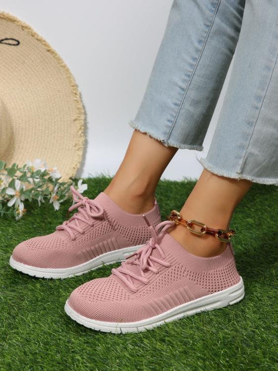 休閒鞋 大碼23春夏系帶運動網鞋舒適軟底飛織純色平跟女鞋-細節圖8