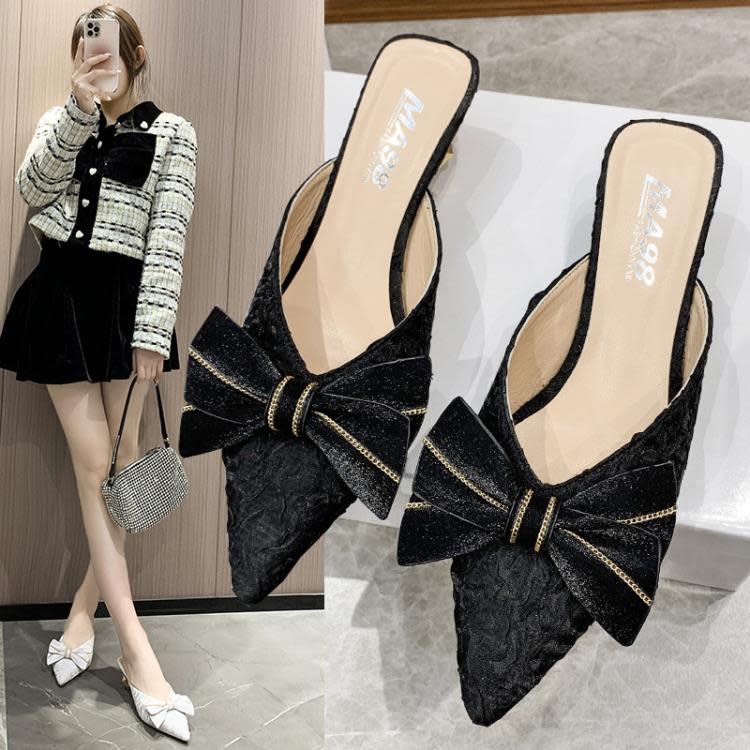 高跟鞋 包頭試衣間半拖鞋女時尚正韓2023春季新款粗跟尖頭蝴蝶結女鞋-細節圖2