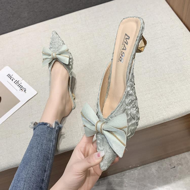 高跟鞋 包頭試衣間半拖鞋女時尚正韓2023春季新款粗跟尖頭蝴蝶結女鞋-細節圖4