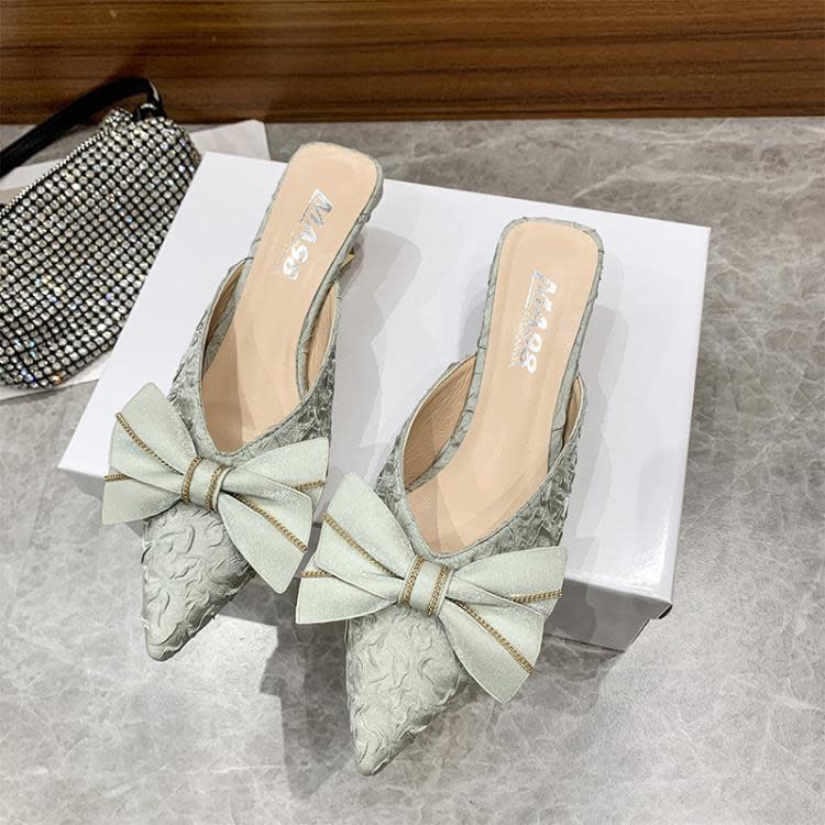 高跟鞋 包頭試衣間半拖鞋女時尚正韓2023春季新款粗跟尖頭蝴蝶結女鞋-細節圖6