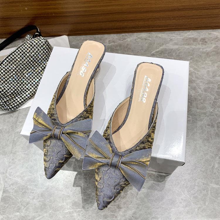 高跟鞋 包頭試衣間半拖鞋女時尚正韓2023春季新款粗跟尖頭蝴蝶結女鞋-細節圖8