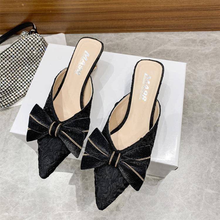 高跟鞋 包頭試衣間半拖鞋女時尚正韓2023春季新款粗跟尖頭蝴蝶結女鞋-細節圖9