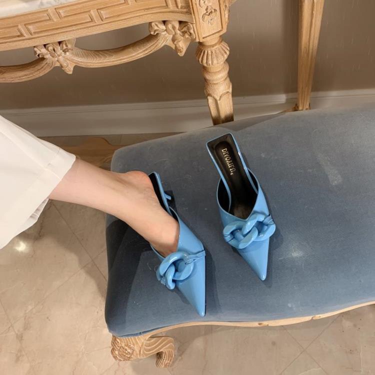 高跟鞋 涼拖鞋夏季女2023新款糖果色尖頭搭扣細跟包頭拖鞋-細節圖2