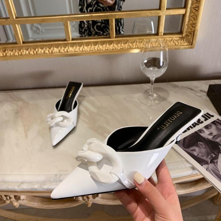 高跟鞋 涼拖鞋夏季女2023新款糖果色尖頭搭扣細跟包頭拖鞋-細節圖3