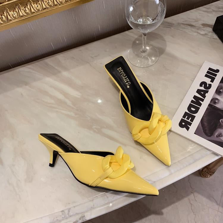 高跟鞋 涼拖鞋夏季女2023新款糖果色尖頭搭扣細跟包頭拖鞋-細節圖4