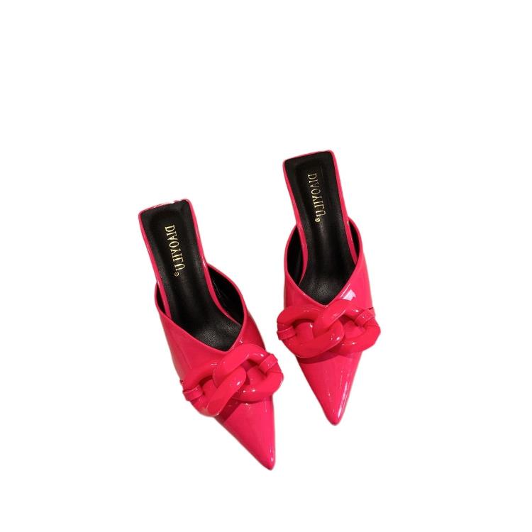 高跟鞋 涼拖鞋夏季女2023新款糖果色尖頭搭扣細跟包頭拖鞋-細節圖5