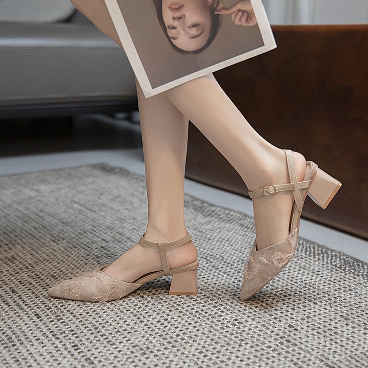 高跟鞋 布面橡膠細跟絨面尖頭一字式扣帶淺口單鞋性感仙女風休閒女鞋-細節圖4